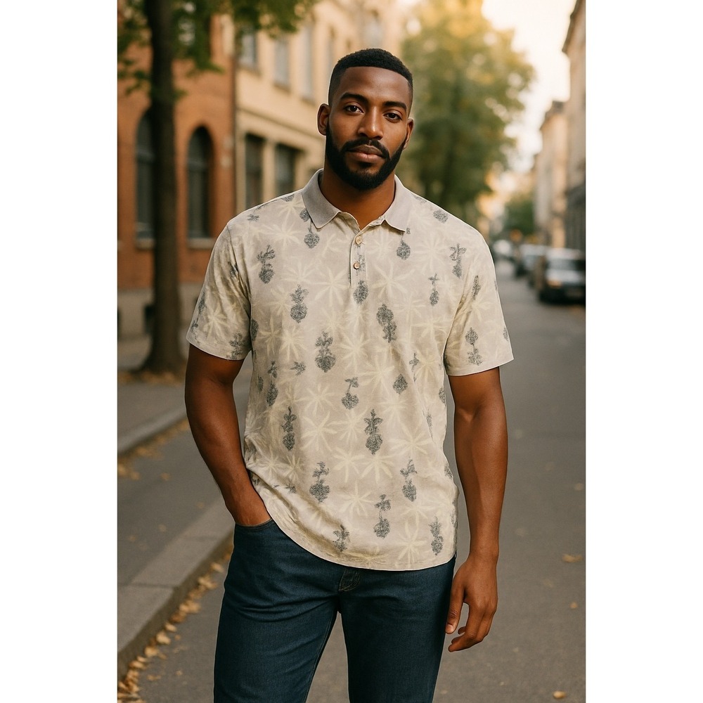 Vintage OP Ocean Pacific Men's Beige and Black Tropical Print Polo Shirt–Casual